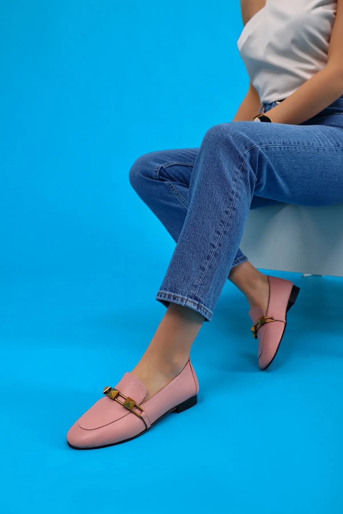 Kalina Gerçek Deri Kadın Loafer Ayakkabı Pudra